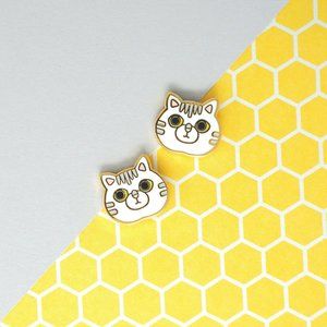 Handcrafted White Tabby Cat Enamel Stud Earrings